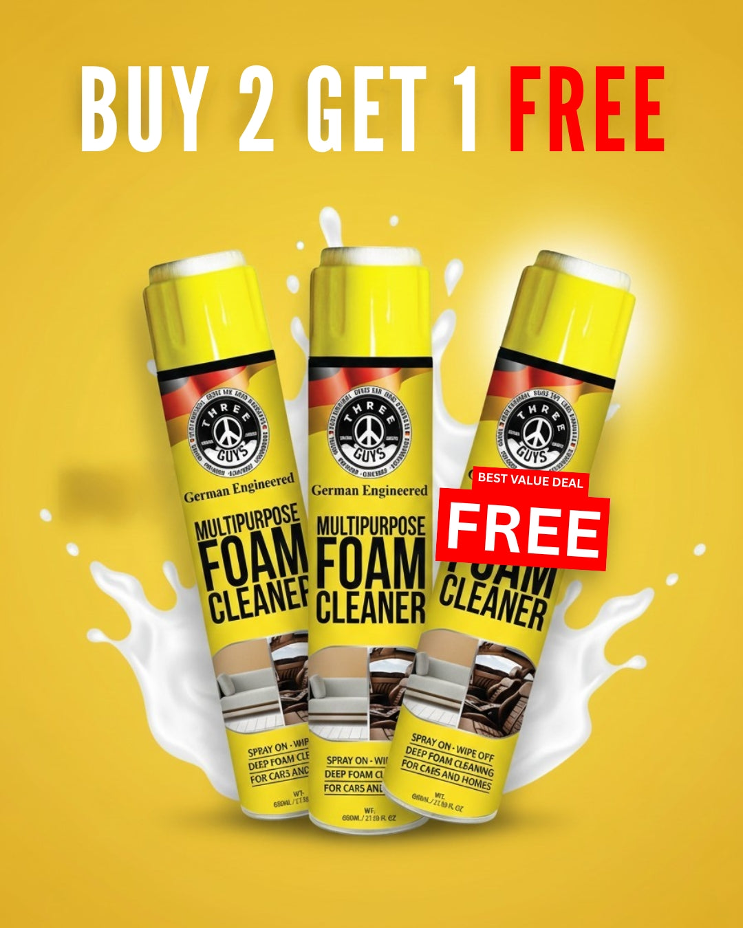 Multipurpose Foam Cleaner 650ml – Car & Home Deep-Clean Spray | THREE GUYS | German Engineered