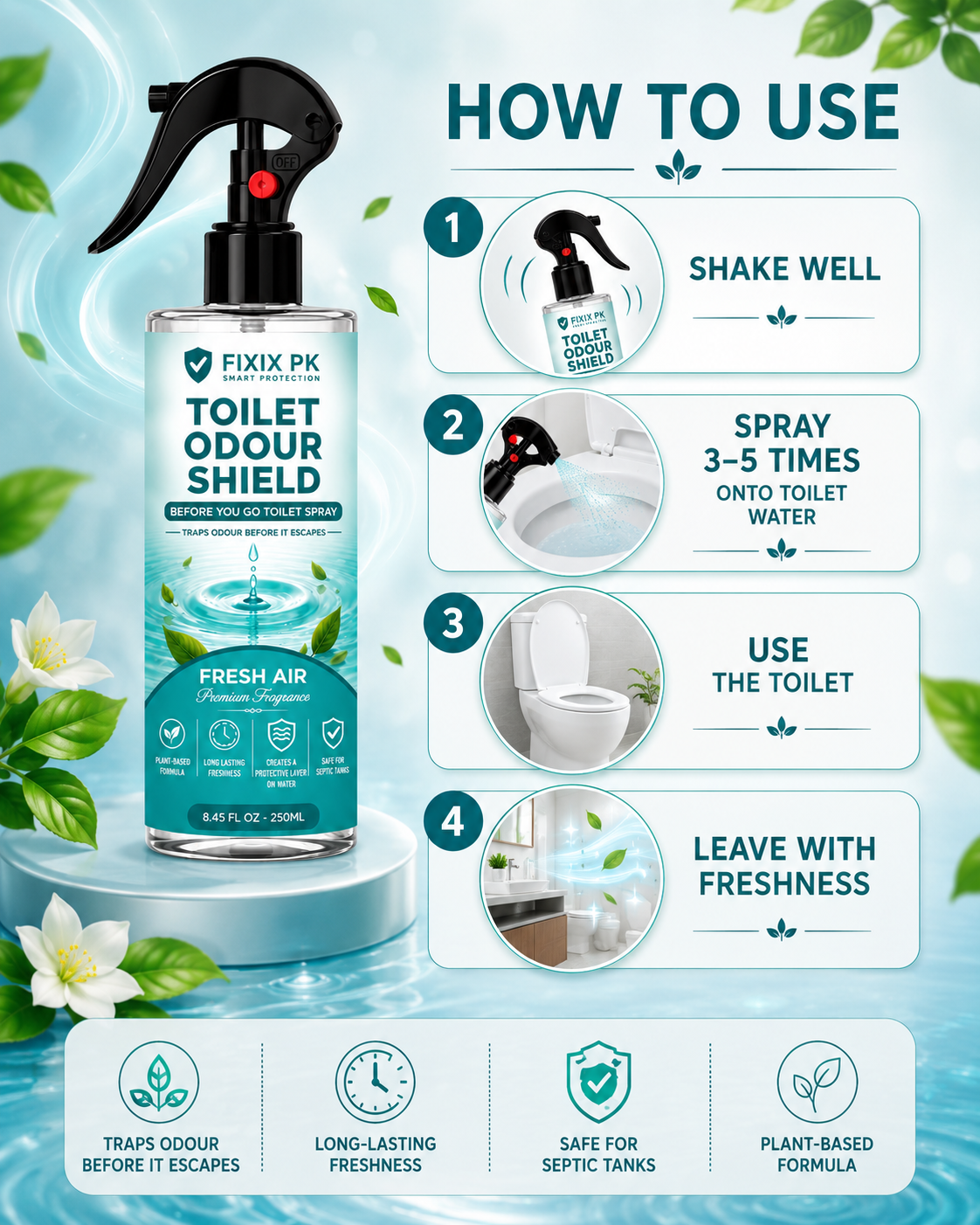 FIXIX PK Toilet Odour Shield – Fresh Air | Before You Go Toilet Spray | Traps Odours Before They Escape