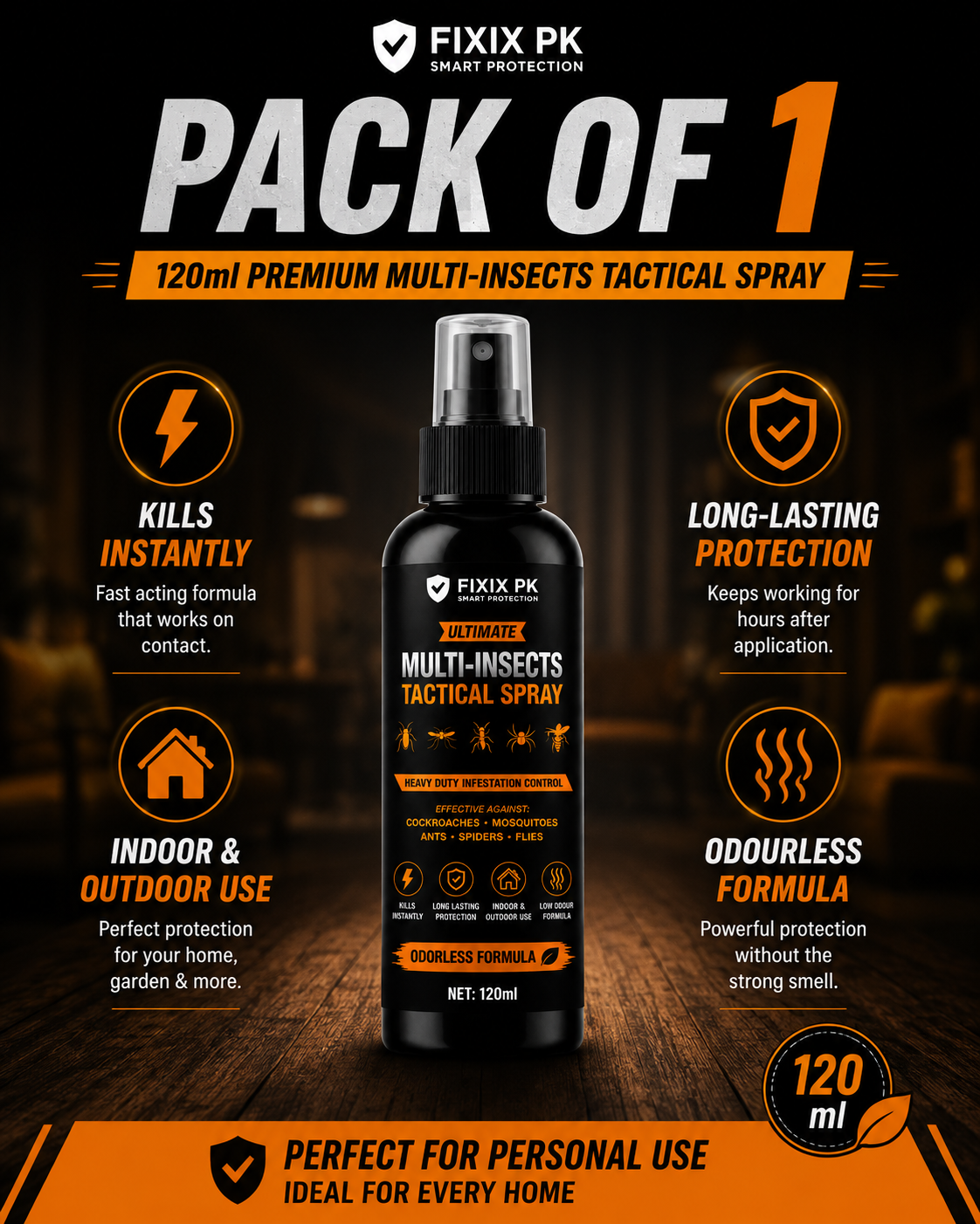 FIXIX PK Ultimate Multi-Insects Tactical Spray 120ml | Odourless Formula | Kills Cockroaches, Mosquitoes, Ants, Spiders & Flies