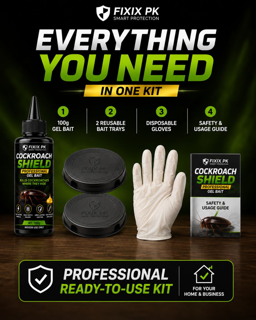 FIXIX PK Cockroach Shield Professional Gel Bait Kit | 100g Cockroach Killer Gel with 2 Bait Trays & Gloves