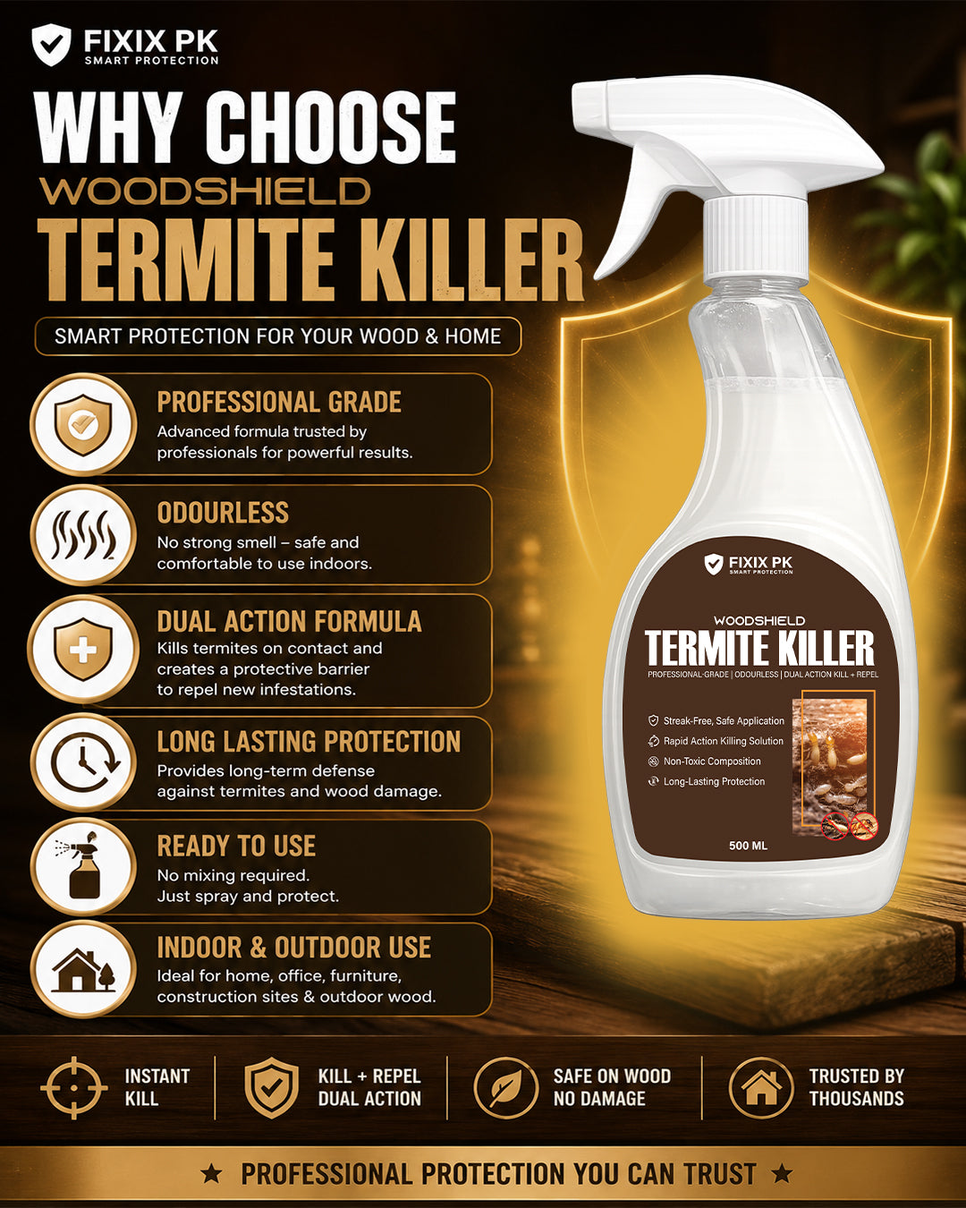 WoodShield Termite Killer – Pakistan’s Professional-Grade Odourless Termite Protection | FIXIX PK