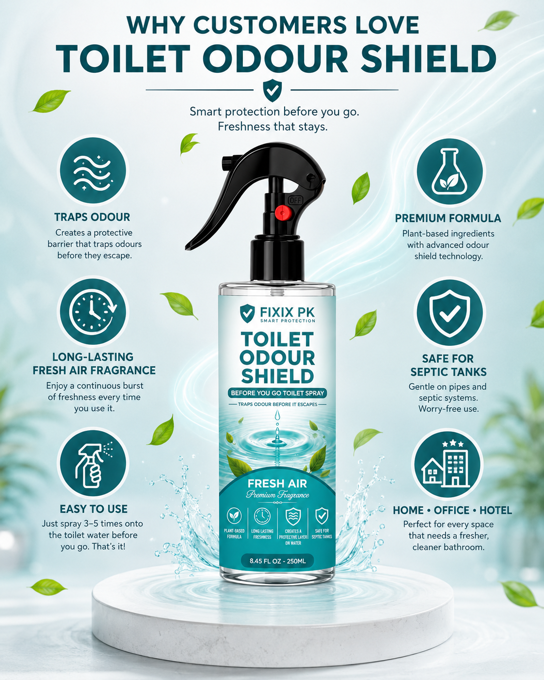 FIXIX PK Toilet Odour Shield – Fresh Air | Before You Go Toilet Spray | Traps Odours Before They Escape