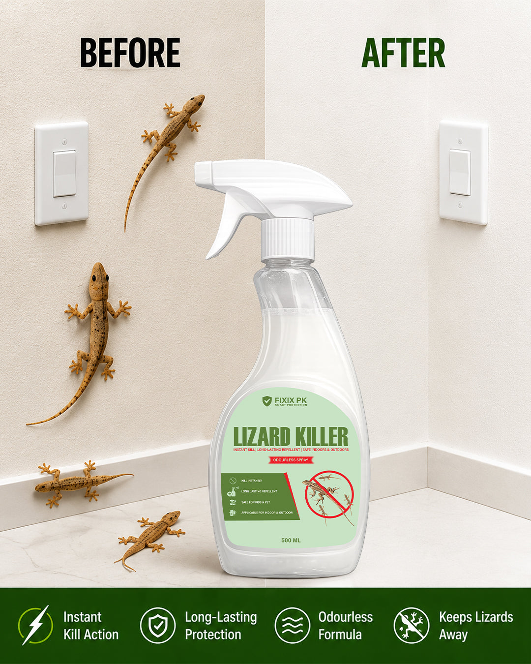 Lizard Killer – Odourless Instant Kill & Long-Lasting Repellent Spray For Indoors & Outdoors | FIXIX PK