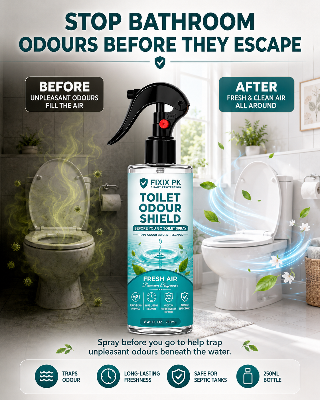 FIXIX PK Toilet Odour Shield – Fresh Air | Before You Go Toilet Spray | Traps Odours Before They Escape