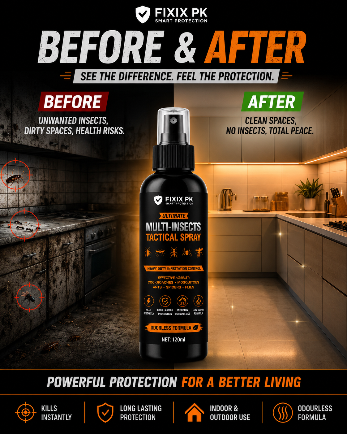 FIXIX PK Ultimate Multi-Insects Tactical Spray 120ml | Odourless Formula | Kills Cockroaches, Mosquitoes, Ants, Spiders & Flies