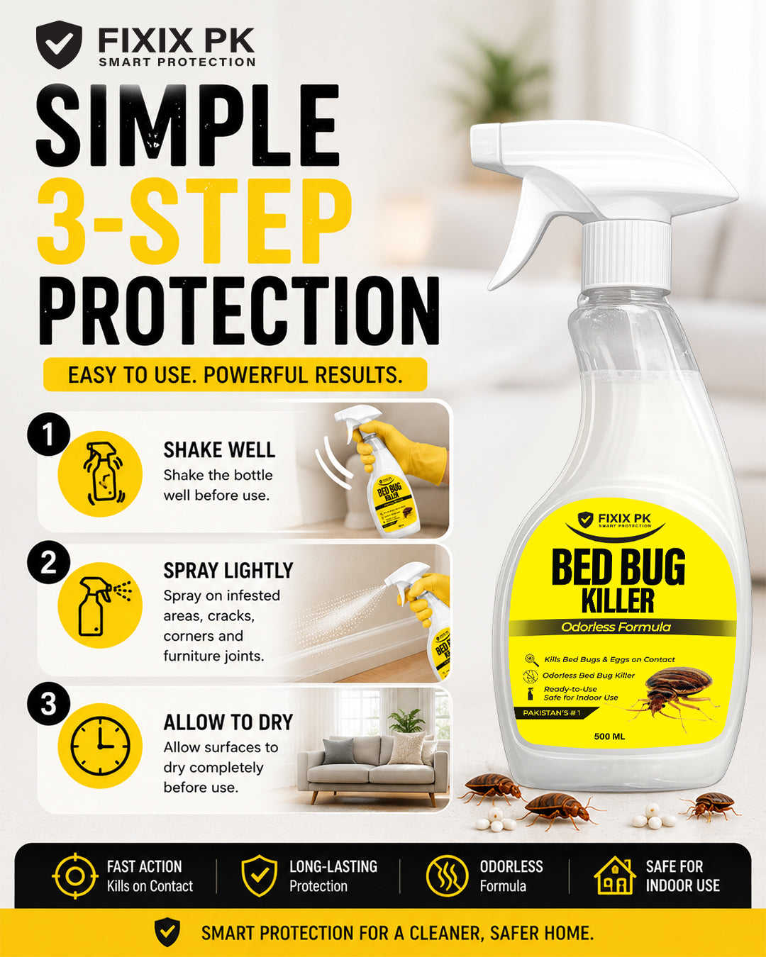 Bed Bug Killer Spray 500ml –  Kills Bed Bugs & Eggs (Indoor Safe) | FIXIX PK