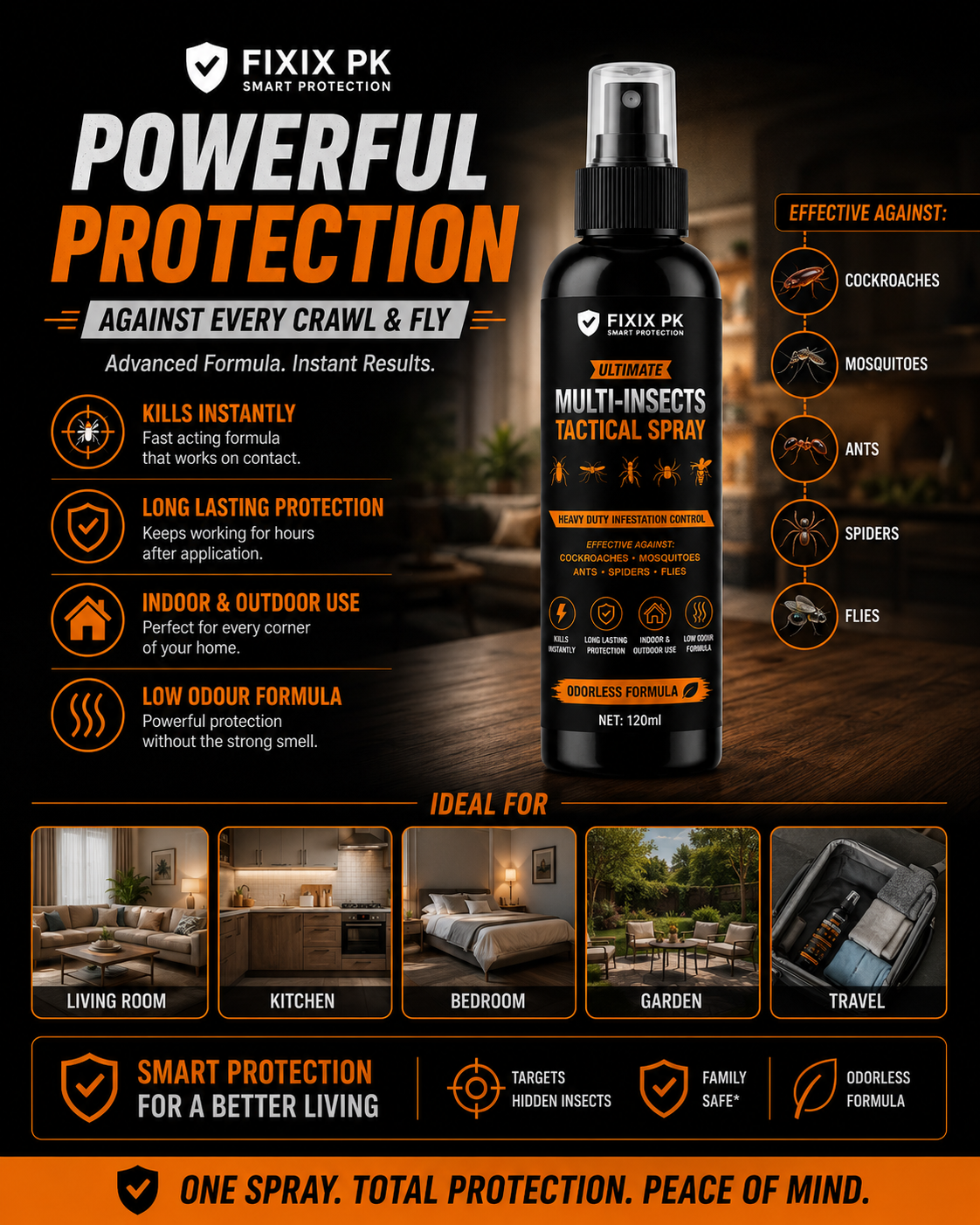FIXIX PK Ultimate Multi-Insects Tactical Spray 120ml | Odourless Formula | Kills Cockroaches, Mosquitoes, Ants, Spiders & Flies