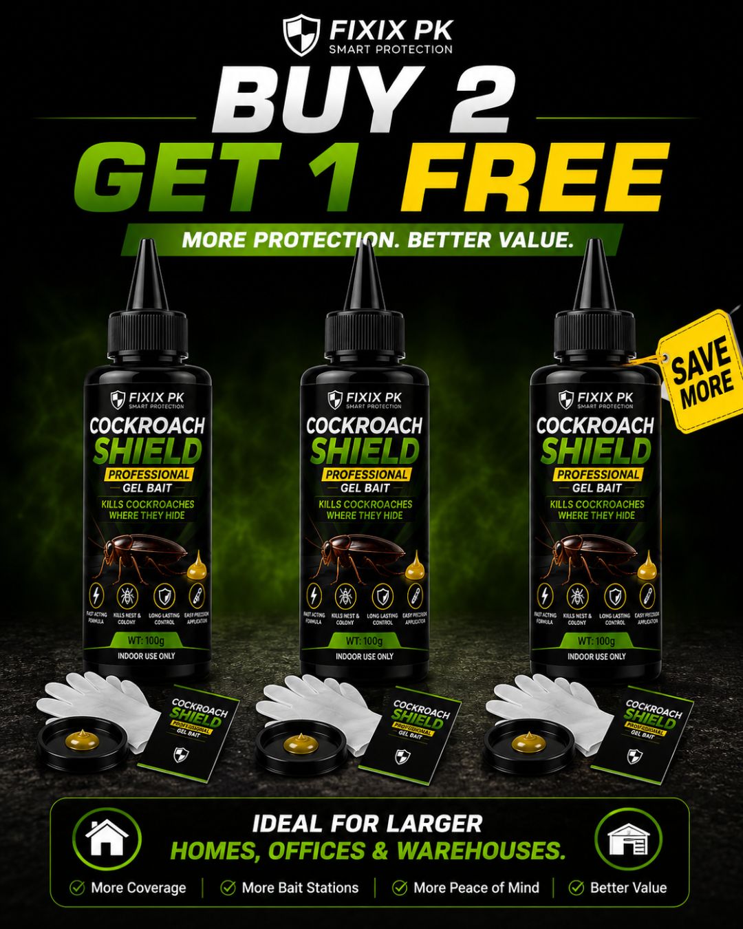 FIXIX PK Cockroach Shield Professional Gel Bait Kit | 100g Cockroach Killer Gel with 2 Bait Trays & Gloves