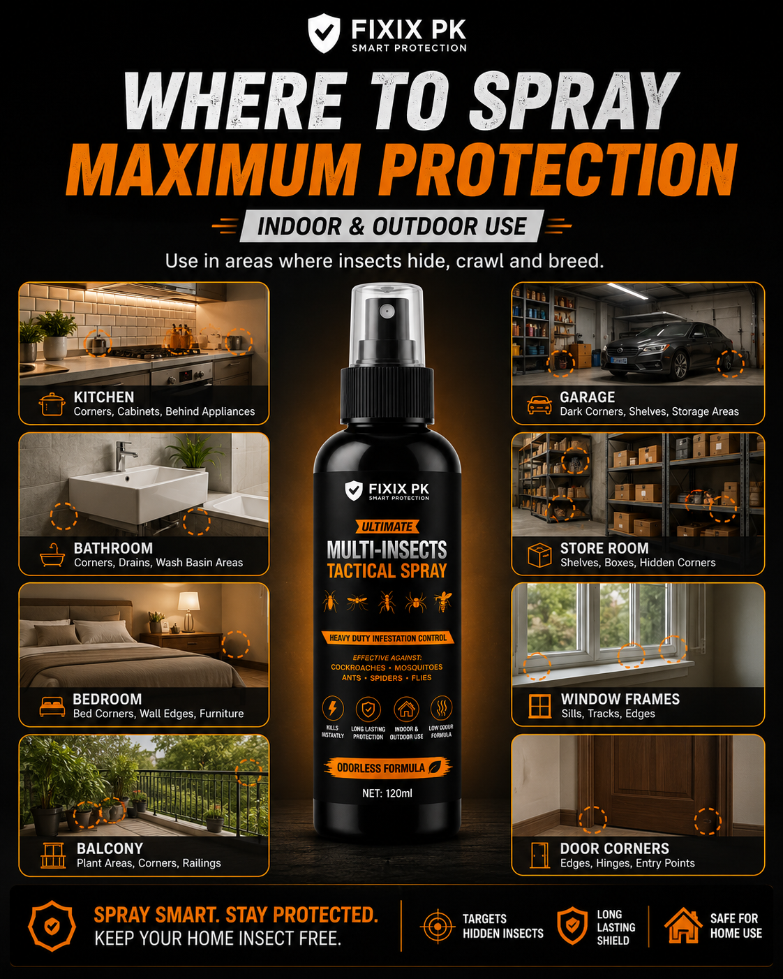 FIXIX PK Ultimate Multi-Insects Tactical Spray 120ml | Odourless Formula | Kills Cockroaches, Mosquitoes, Ants, Spiders & Flies