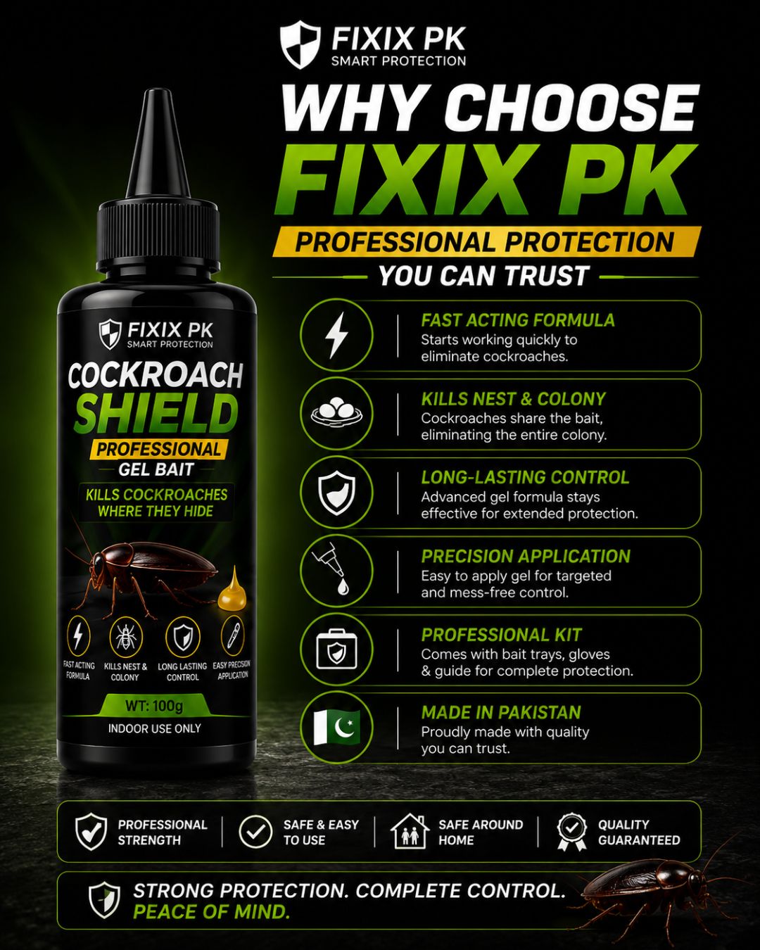 FIXIX PK Cockroach Shield Professional Gel Bait Kit | 100g Cockroach Killer Gel with 2 Bait Trays & Gloves