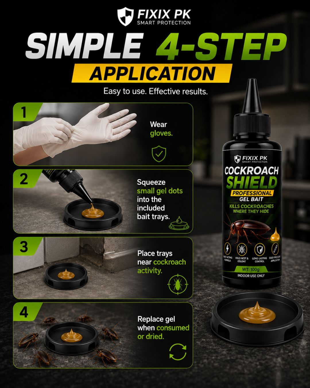 FIXIX PK Cockroach Shield Professional Gel Bait Kit | 100g Cockroach Killer Gel with 2 Bait Trays & Gloves
