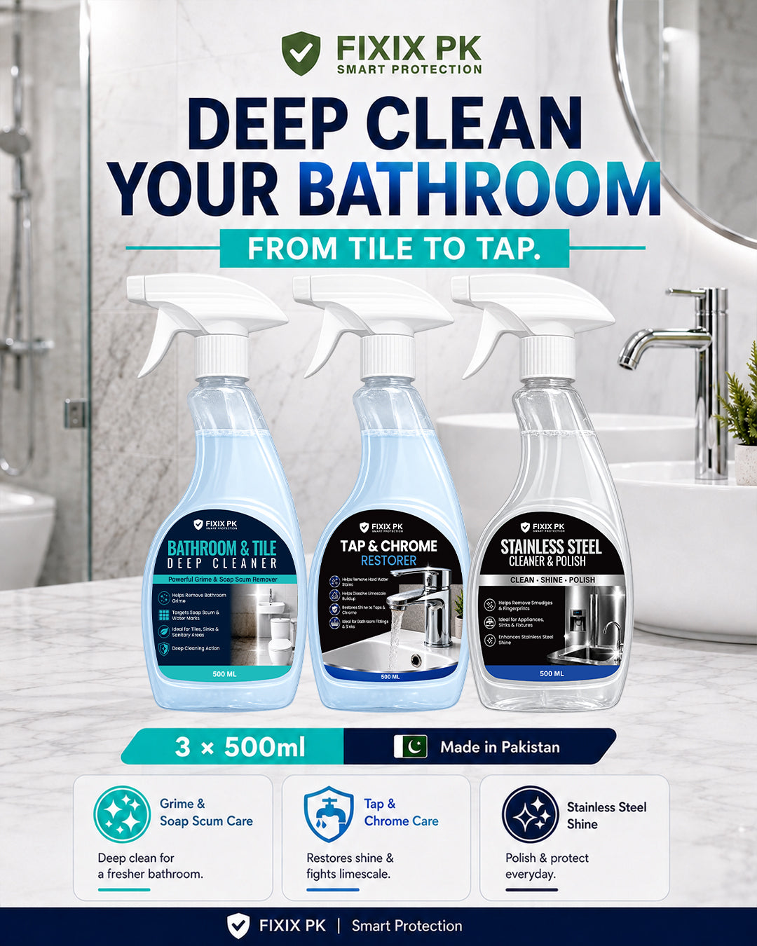 FIXIX PK Bathroom Deep Clean & Shine Kit | 3-Piece Bathroom Cleaning Bundle
