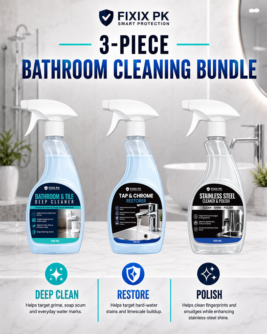FIXIX PK Bathroom Deep Clean & Shine Kit | 3-Piece Bathroom Cleaning Bundle