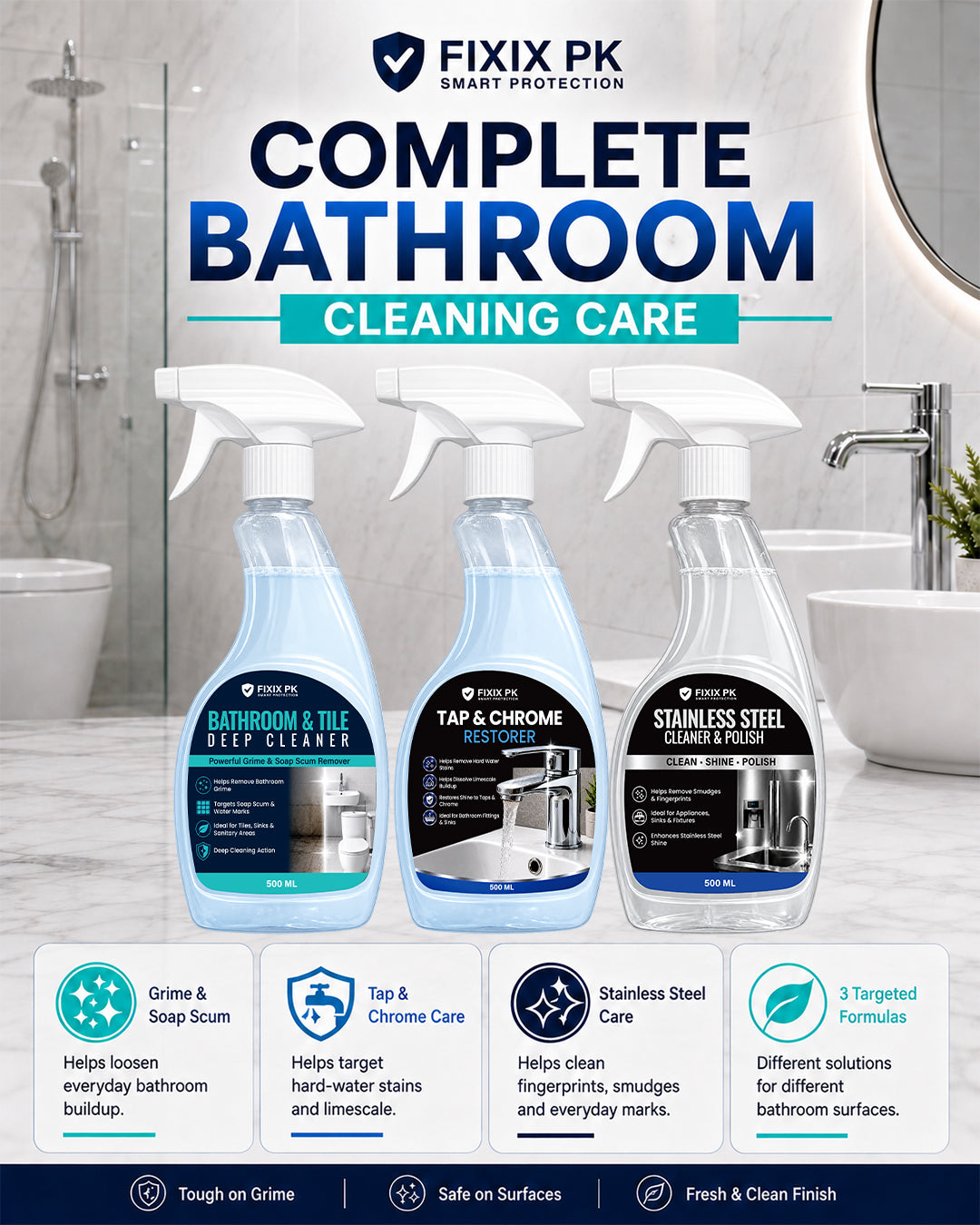 FIXIX PK Bathroom Deep Clean & Shine Kit | 3-Piece Bathroom Cleaning Bundle