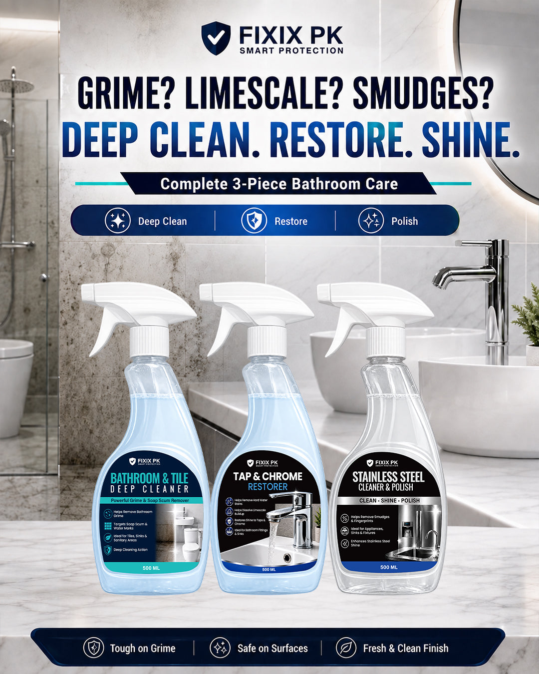 FIXIX PK Bathroom Deep Clean & Shine Kit | 3-Piece Bathroom Cleaning Bundle