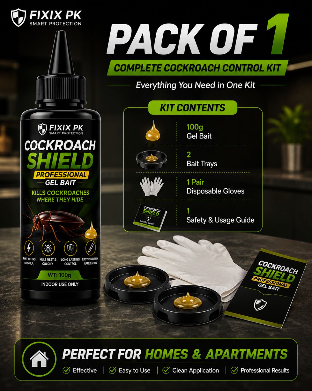 FIXIX PK Cockroach Shield Professional Gel Bait Kit | 100g Cockroach Killer Gel with 2 Bait Trays & Gloves