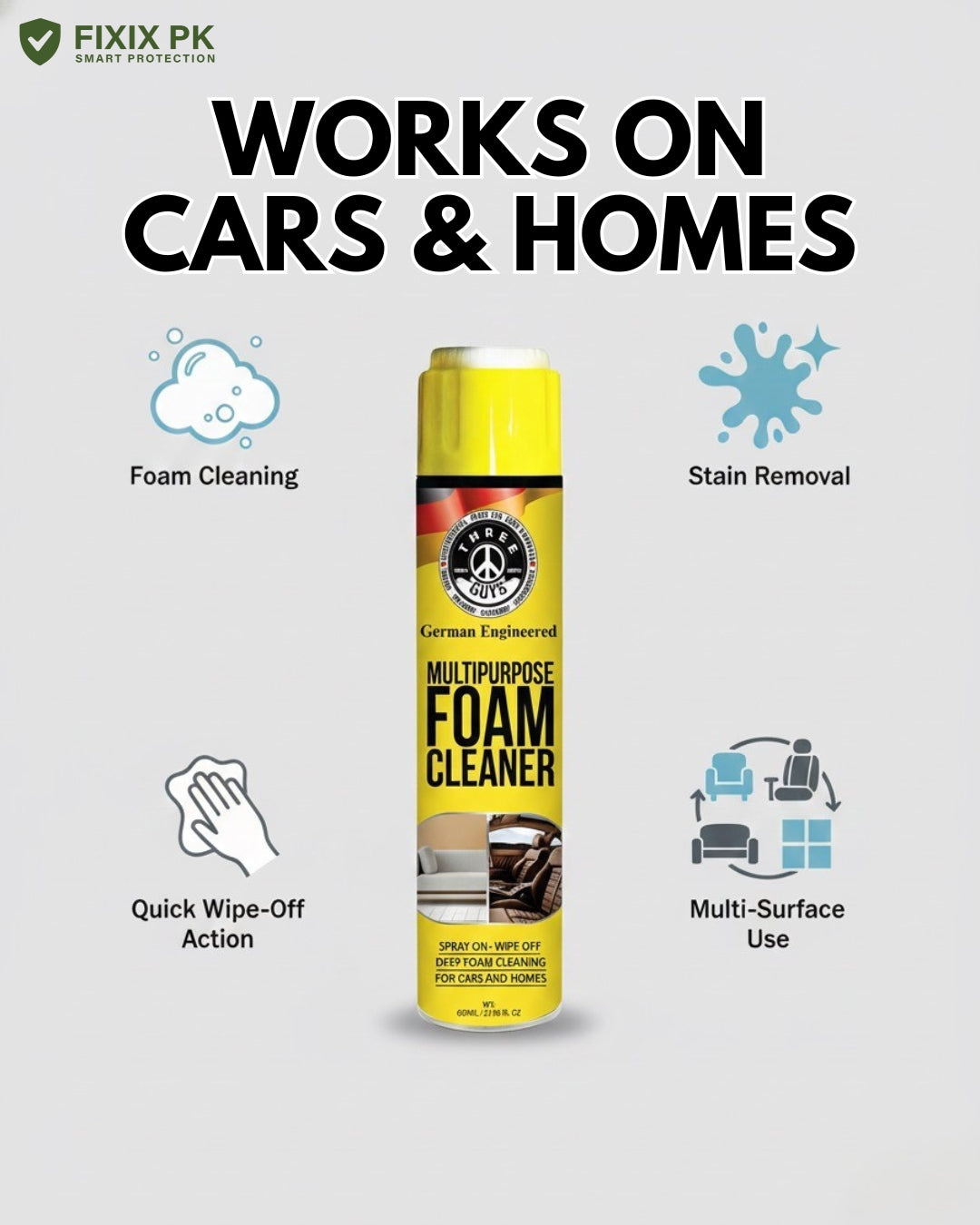 Multipurpose Foam Cleaner 650ml – Car & Home Deep-Clean Spray | THREE GUYS | German Engineered