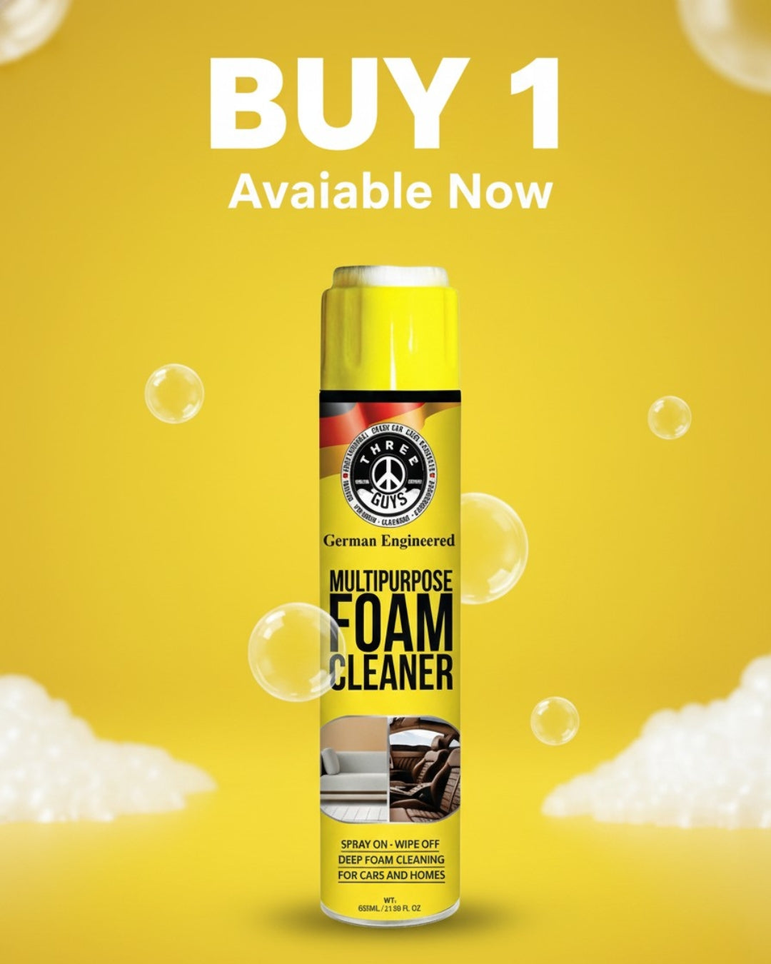 Multipurpose Foam Cleaner 650ml – Car & Home Deep-Clean Spray | THREE GUYS | German Engineered
