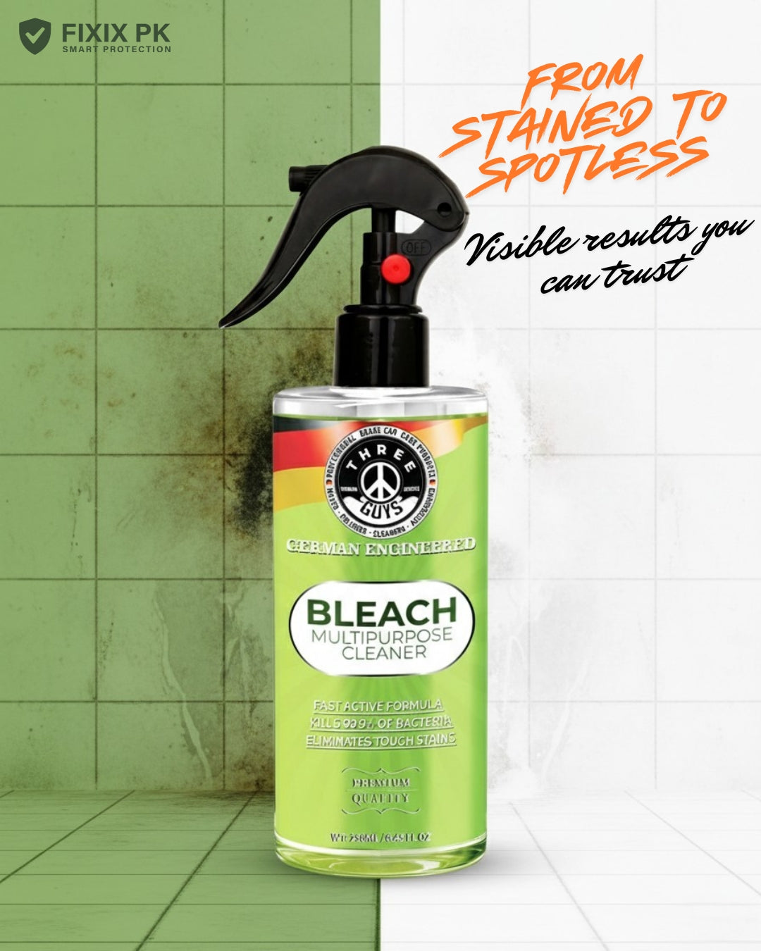 Bleach Multipurpose Cleaner – Powerful Stain, Mold & Germ Removal Formula | THREE GUYS | German Engineered
