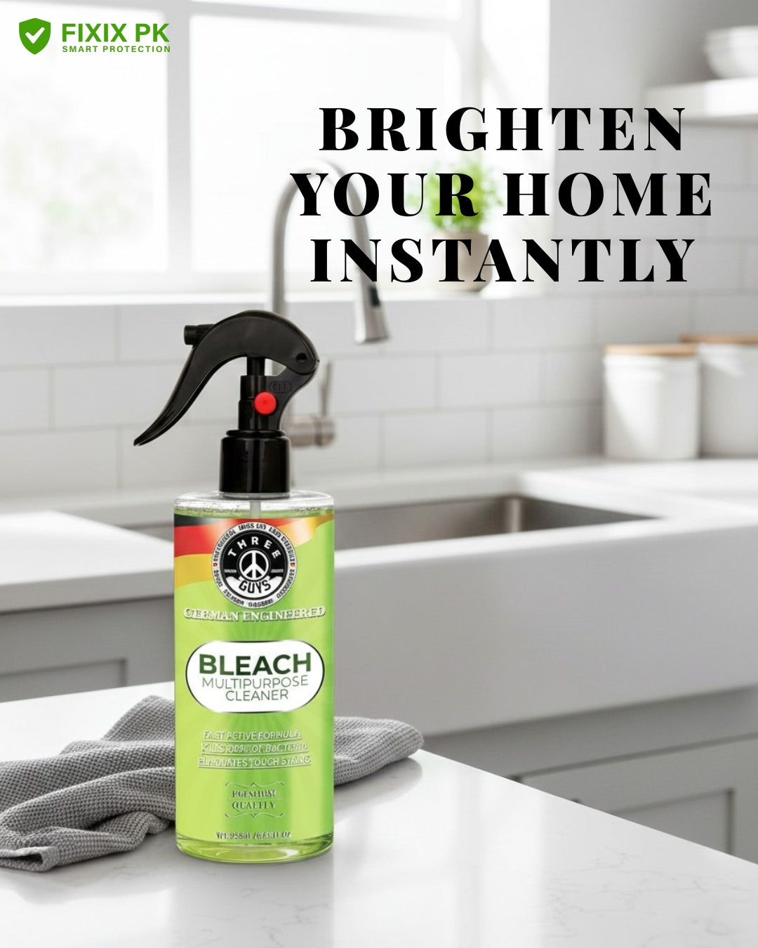 Bleach Multipurpose Cleaner – Powerful Stain, Mold & Germ Removal Formula | THREE GUYS | German Engineered
