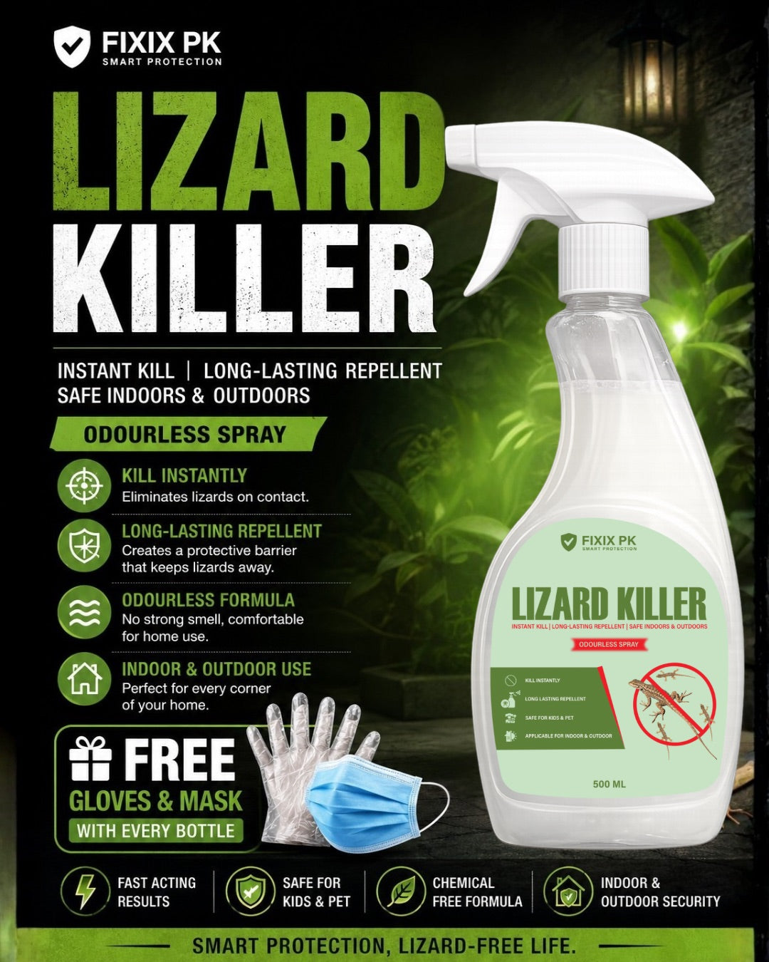 Lizard Killer – Odourless Instant Kill & Long-Lasting Repellent Spray For Indoors & Outdoors | FIXIX PK
