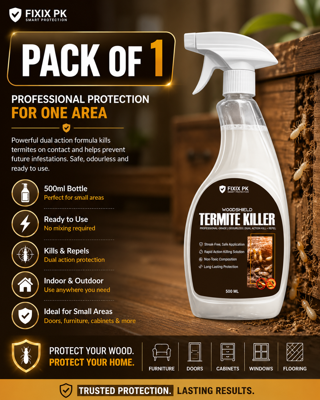 WoodShield Termite Killer – Pakistan’s Professional-Grade Odourless Termite Protection | FIXIX PK