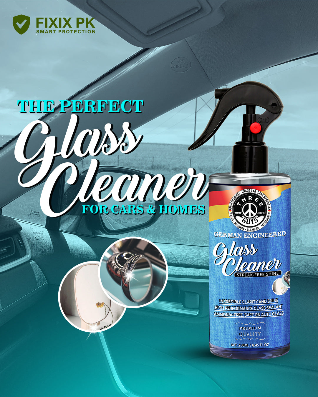 Glass Cleaner Spray 250ml – Streak-Free & Ammonia-Free | THREE GUYS | German Engineered