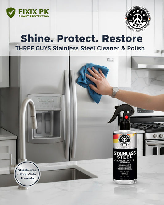 Stainless Steel Cleaner & Polish – Streak-Free Shine for Kitchen Appliances & Surfaces | THREE GUYS | German Engineered