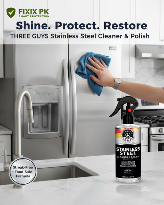 Stainless Steel Cleaner & Polish – Streak-Free Shine for Kitchen Appliances & Surfaces | THREE GUYS | German Engineered