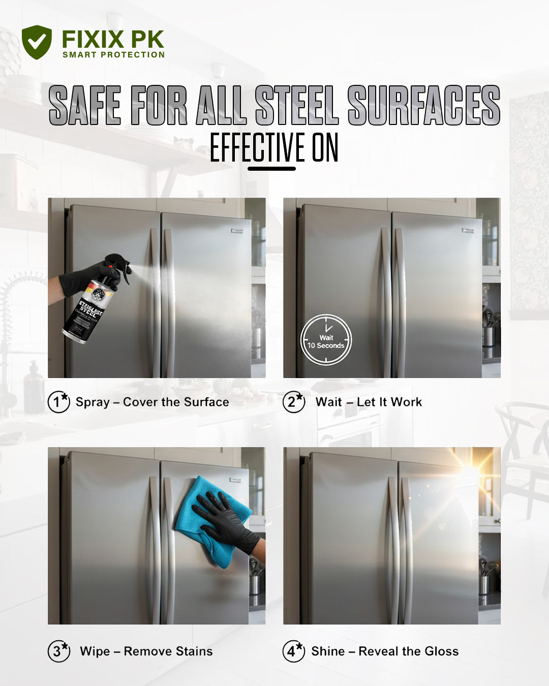 Stainless Steel Cleaner & Polish – Streak-Free Shine for Kitchen Appliances & Surfaces | THREE GUYS | German Engineered