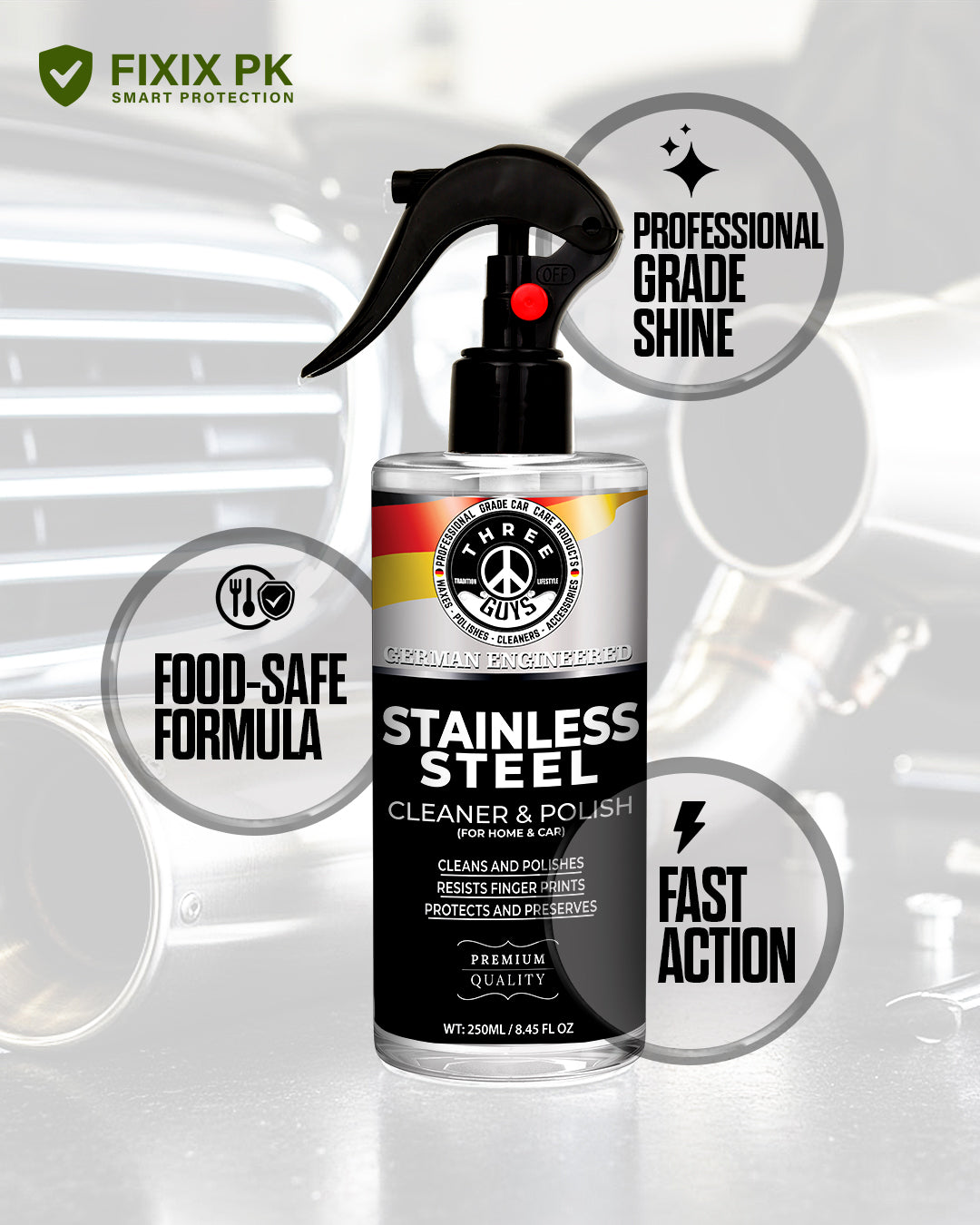 Stainless Steel Cleaner & Polish – Streak-Free Shine for Kitchen Appliances & Surfaces | THREE GUYS | German Engineered