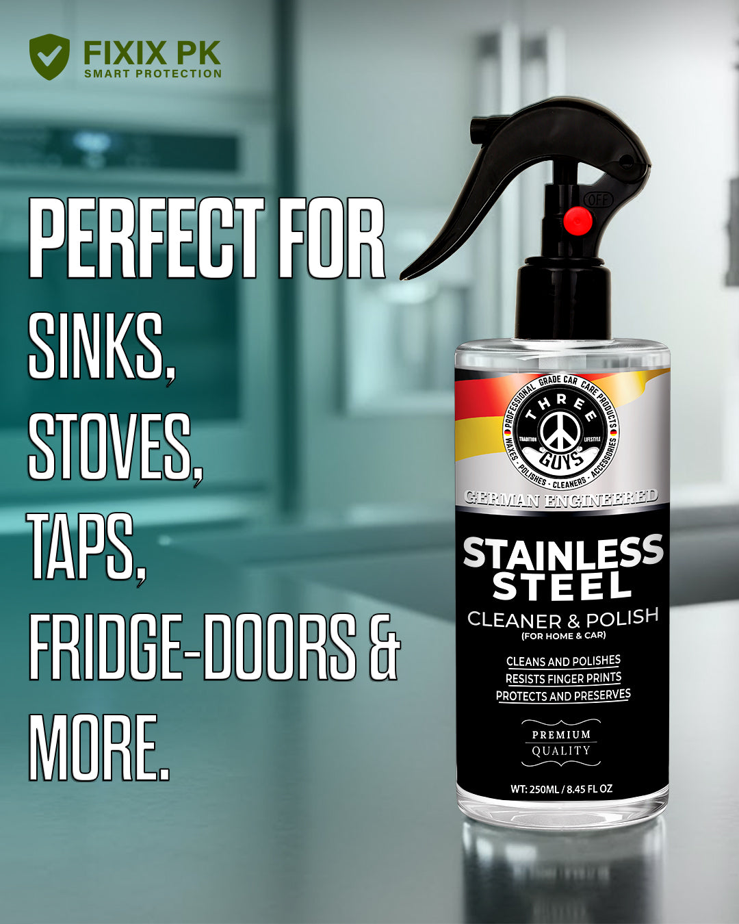 Stainless Steel Cleaner & Polish – Streak-Free Shine for Kitchen Appliances & Surfaces | THREE GUYS | German Engineered