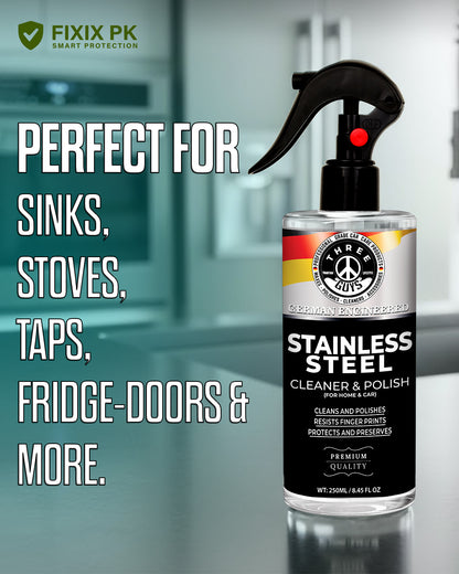 Stainless Steel Cleaner & Polish – Streak-Free Shine for Kitchen Appliances & Surfaces | THREE GUYS | German Engineered
