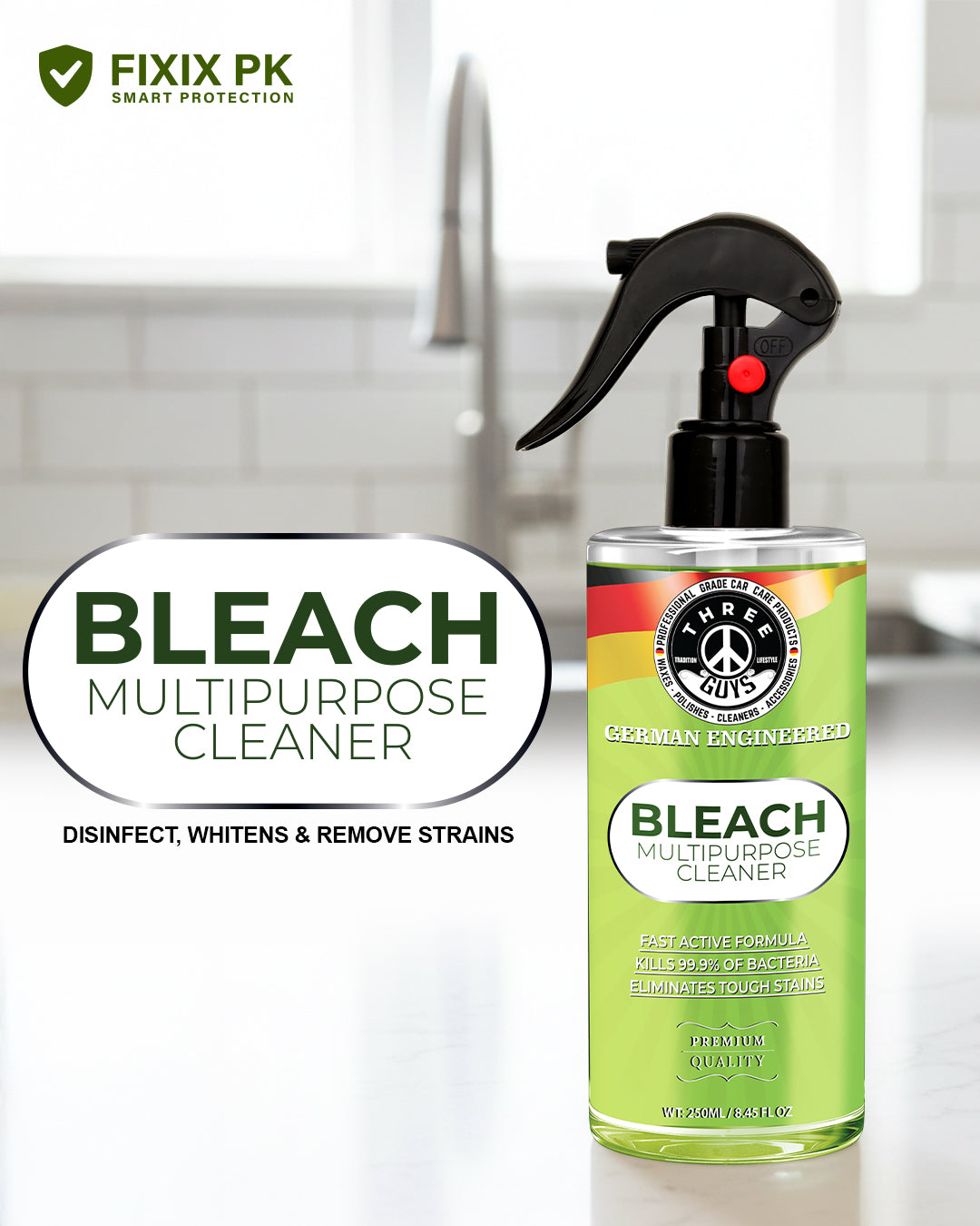 Bleach Multipurpose Cleaner – Powerful Stain, Mold & Germ Removal Formula | THREE GUYS | German Engineered