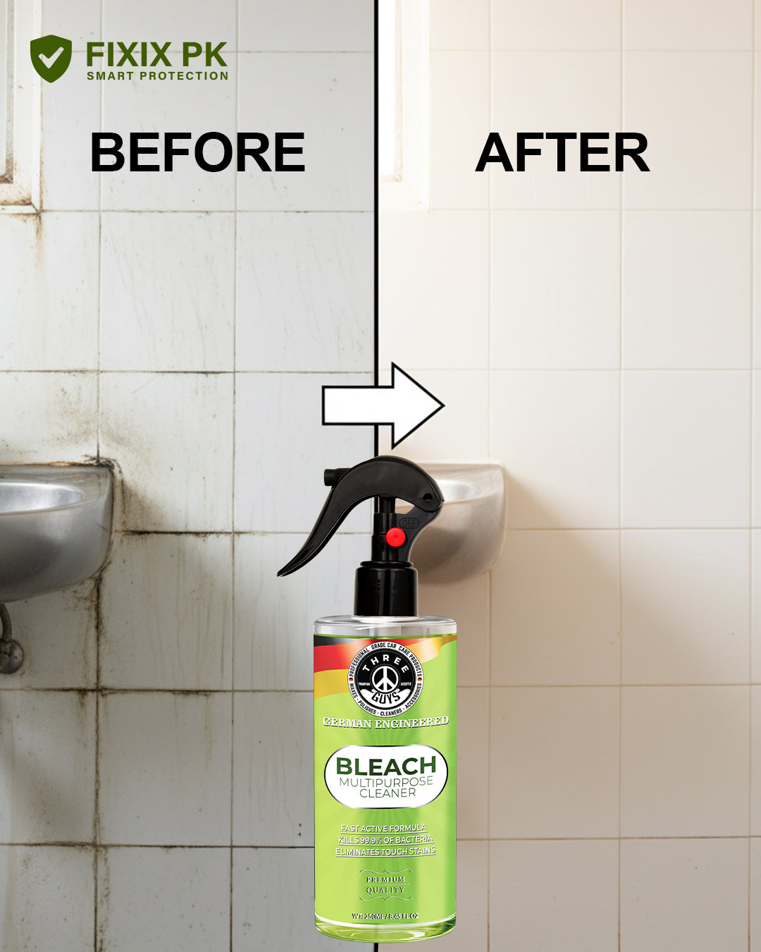 Bleach Multipurpose Cleaner – Powerful Stain, Mold & Germ Removal Formula | THREE GUYS | German Engineered