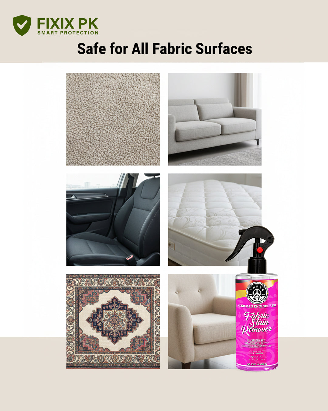 Fabric & Upholstery Stain Remover | Odor Eliminator & No-Residue Cleaner for Carpets, Sofas & Car Seats | THREE GUYS | German Engineered