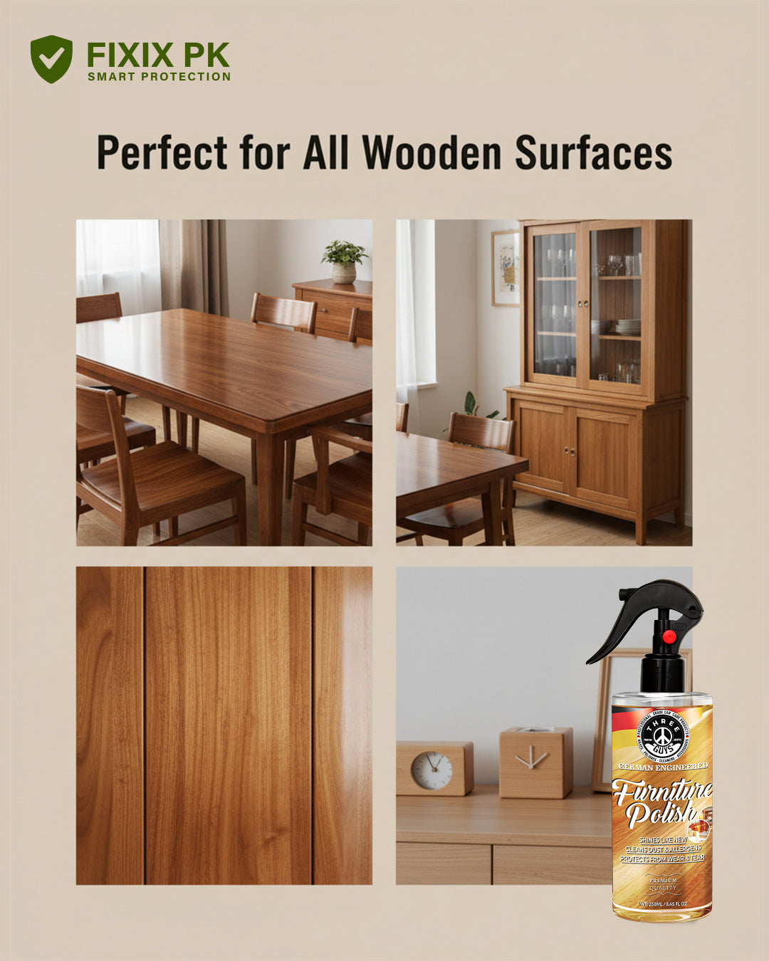 Furniture Polish Spray – Shine, Protect & Revive Wood Surfaces | THREE GUYS | German Engineered