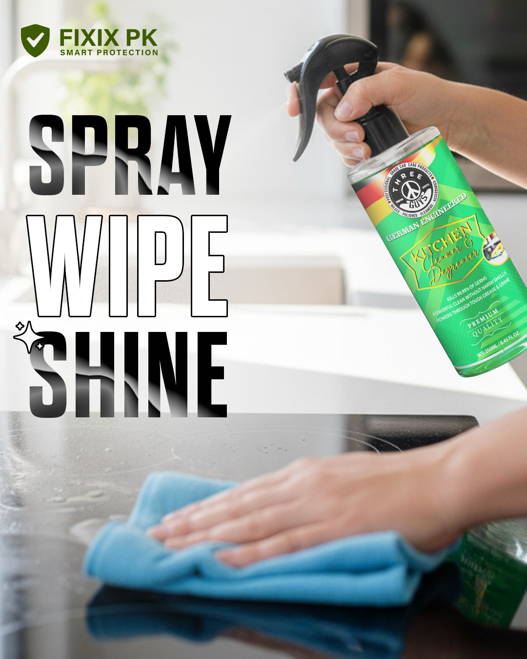 Kitchen Cleaner & Degreaser – Multi-Surface Spray for Grease, Oil & Stains | THREE GUYS | German Engineered