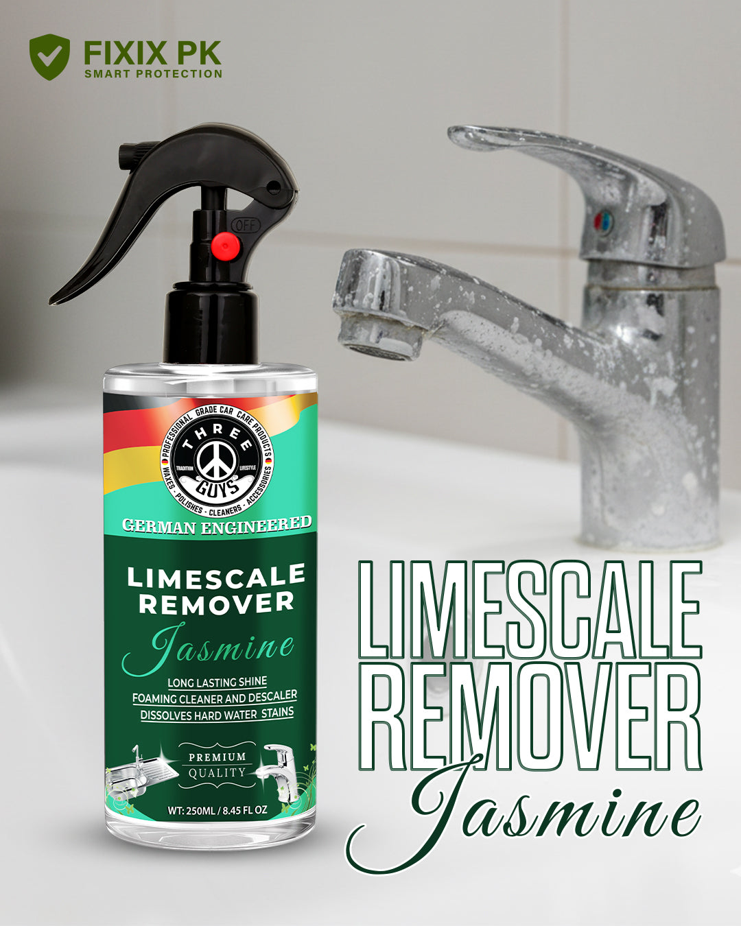Limescale Remover Spray – Powerful Descaler for Faucets, Tiles & Bathroom Fixtures | THREE GUYS | German Engineered