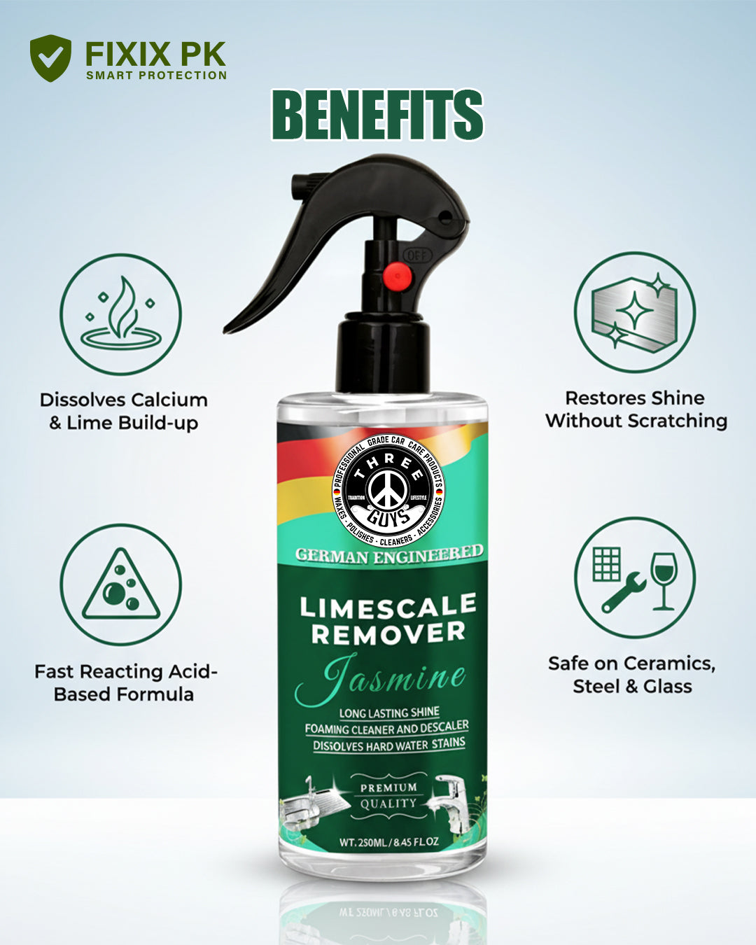 Limescale Remover Spray – Powerful Descaler for Faucets, Tiles & Bathroom Fixtures | THREE GUYS | German Engineered